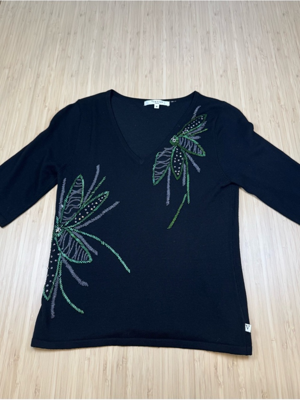 Vertigo Paris Black Knit 3/4 length sleeve silk blend beaded top